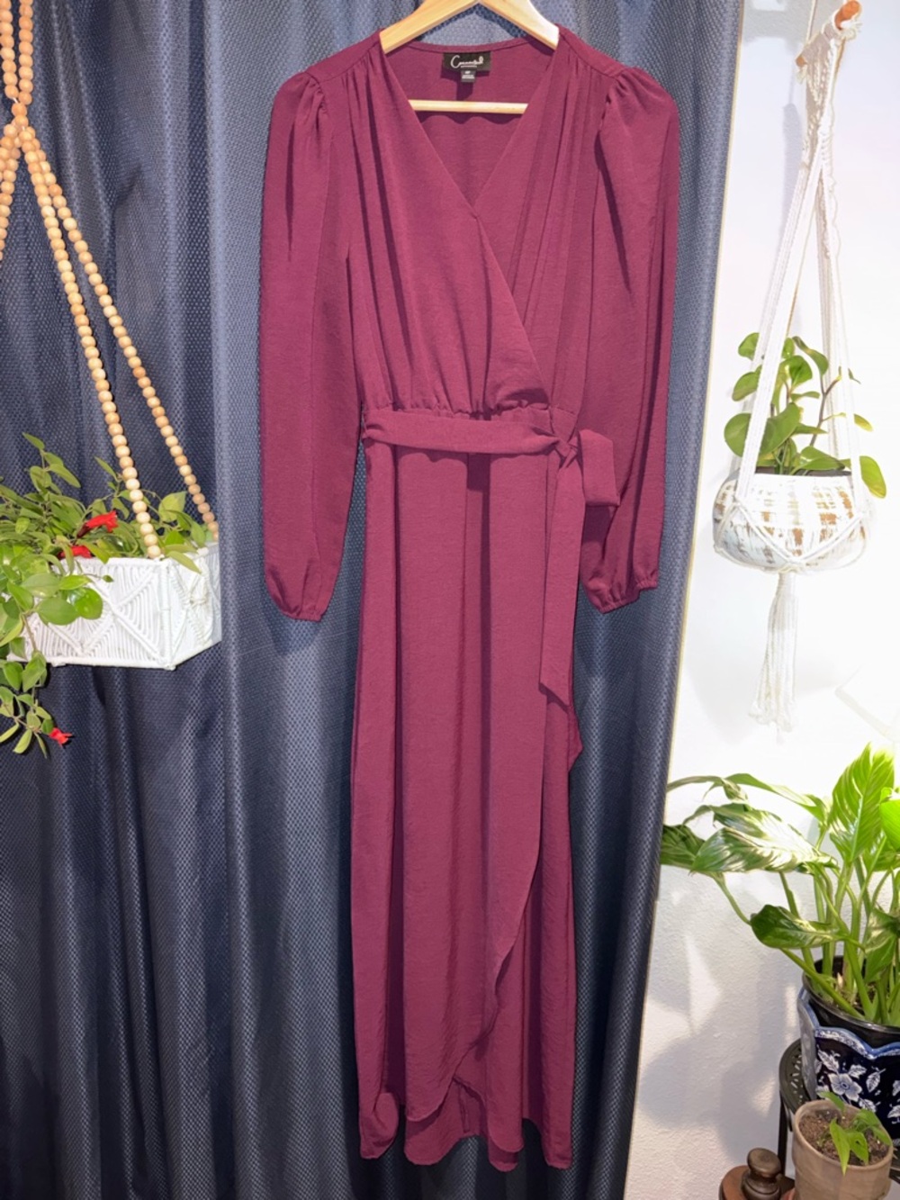 connected apparel Long Sleeve Wrap Maxi Dress with Belt in Wine Color